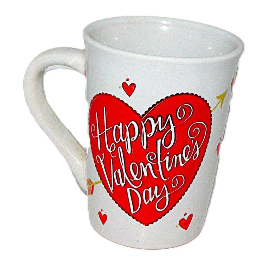 Happy Valentines Day Heart Mug Ceramic 15 Oz Red Heart Design & Gold Arrow Acct
